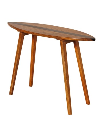 Masă consolă în stil eclectic din lemn de mango, maro, cu blat în formă de placă de surf, dungă neagră și picioare înclinate, 80 x 110 x 40 cm, „Surf”