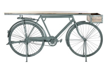 Masă consolă industrială din metal și lemn de mango, verde, cu bază în formă de bicicletă și ladă, finisaj antichizat, 91 x 195 x 40 cm, „Bycicle”
