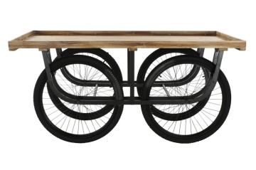 Masă consolă industrială vintage din lemn cu structură din metal și roți de bicicletă, 160×80×75 cm, „Market" - Img 6