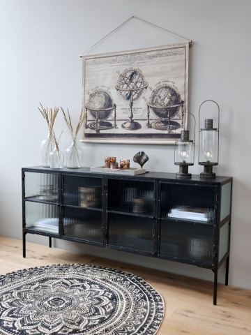 Masă consolă vintage industrială din metal, negru, cu 4 uși din sticlă canelată și rame nituite, 94 x 200 x 43,5 cm, „Verriere” - Img 3