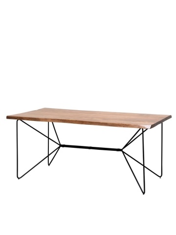 Masă dining din lemn masiv de acacia, maro, 8 locuri, cu margini naturale și bază din metal negru, 77,5 x 180 x 96,5 cm, „Frequency”