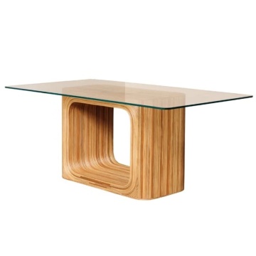 Masă dining dreptunghiulară din ratan, natur, 8 locuri, cu blat din sticlă și picior central, 75 x 180 x 100 cm, „Glass”