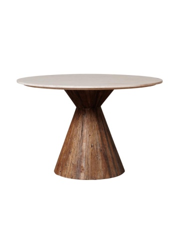 Masă dining rotundă din lemn reciclat, alb, 4–5 locuri, cu blat din marmură și picior central, 78 x 120 cm, „Alba”