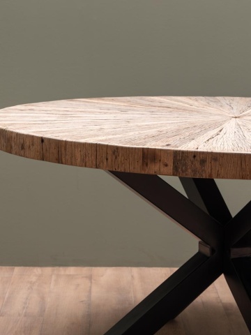 Masă dining rotundă din lemn reciclat, maro, 6–8 locuri, cu bază centrală din metal, 77 x 150 cm, „Asturias” - Img 4