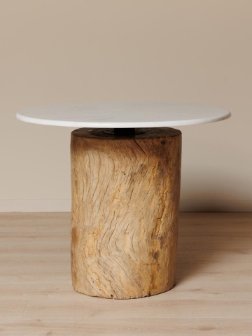 Masă dining rotundă din marmură, alb, 4 locuri, cu bază din trunchi de lemn reciclat, 76 x 90 cm, „Mawo” - Img 2