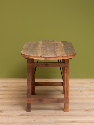 Masă pliabilă ovală din lemn reciclat și metal, cu blat patinat și picioare pliabile, natur, finisaj vintage, 165×77.5×71 cm, „Marolles" - Img 3