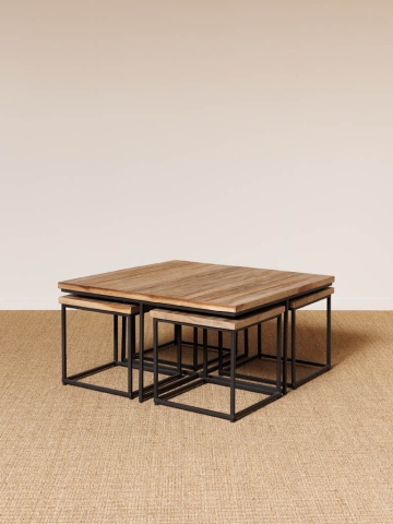 Măsuță de cafea cu scaune, pătrată, din lemn de tec, natur, set cu 4 taburete și cadru din metal negru, 40 x 90 x 90 cm, „Pocket” - Img 2