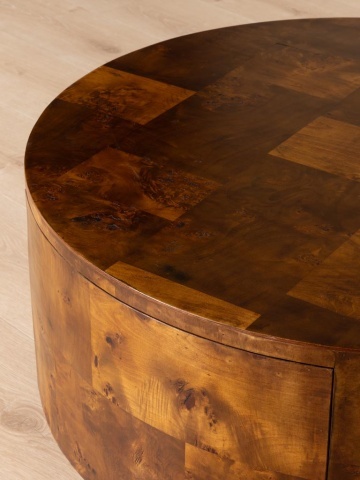 Măsuță de cafea din lemn masiv, rotundă, cu 1 sertar, maro antichizat, finisaj lucios, 90.5×34 cm, „Blurr" - Img 4