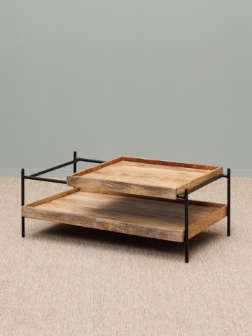 Măsuță de cafea dreptunghiulară din lemn de mango și metal, natur și negru, cu blat glisant și raft, 35 x 95 x 59 cm, „Modular” - Img 6