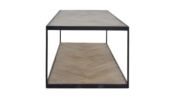 Măsuță de cafea dreptunghiulară din lemn reciclat și metal, natur și negru, cu model în spic și raft, 37 x 120 x 50 cm, „Versailles” - Img 3