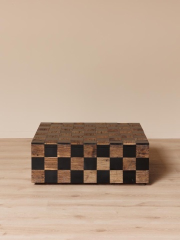 Măsuță de cafea pătrată din lemn reciclat și marmură, natur și negru, model tablă de șah, finisaj mat, 33 x 90 x 90 cm, „Kadrie” - Img 4