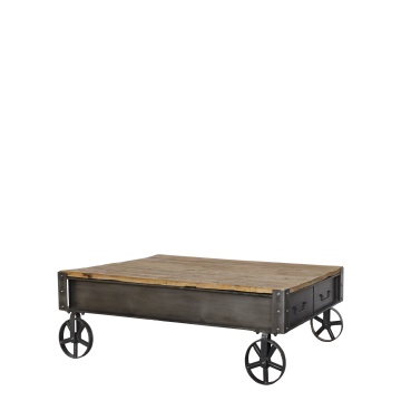 Măsuță de cafea pe roti din metal negru antichizat si blat din lemn masiv natur 122x81x22 cm, stil industrial, „Roulette"