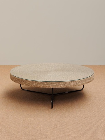 Măsuță de cafea rotundă din iută, natur, cu blat din sticlă și bază din metal negru, finisaj natural, 30 x 103 cm, „Dina” - Img 2