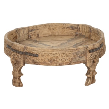 Măsuță de cafea rotundă din lemn masiv sculptat manual, natur, cu blat tip tavă, finisaj natural, 26 x 65 cm, „Bravura” – Ethnic Collections
