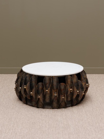 Măsuță de cafea rotundă din marmură și metal, alb și maro, cu bază din petale și sfere aurii, finisaj patinat, 40 x 94 cm, „Ondralis” - Img 3