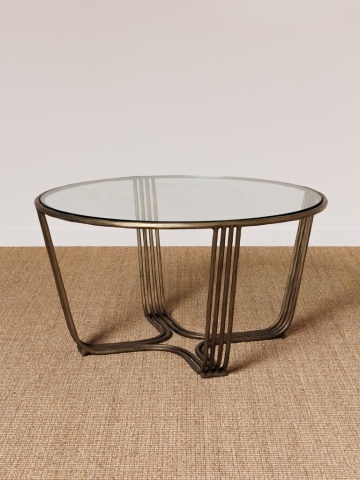 Măsuță de cafea rotundă din sticlă și metal, auriu, cu picioare din tije curbate, finisaj antichizat, 43 x 82 cm, „Art Nouveau” - Img 3