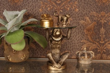 Măsuță decorativă sculptată rotundă, auriu, cu bază în formă de maimuță și blat din sticlă, finisaj antichizat, 26,5 x 25 cm, „Singerie” - Img 2