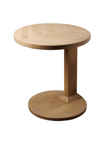 Măsuță laterală din lemn de mango, natur, rotundă, cu blat în model de parchet și picior lateral pe bază rotundă, 51 x 44 cm, „Parquet”