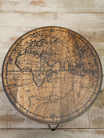 Măsuță laterală din lemn de mango, natur, rotundă, cu harta lumii pe blat și picioare din metal negru, 45 x 40 cm, „Worldmap” - Img 3
