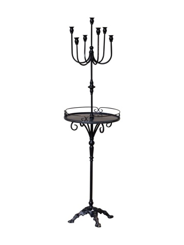 Măsuță laterală înaltă din metal, negru, cu sfeșnic cu 7 brațe, tavă rotundă și bază turnată, finisaj antichizat, 148 x 42 cm, „Perla”