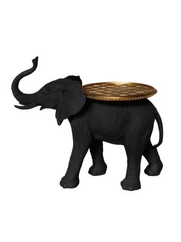 Măsuță laterală sculptată în formă de elefant, negru, cu tavă rotundă aurie, 45,5 x 55,5 x 28,5 cm, „Elephant”