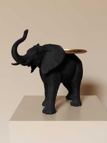 Măsuță laterală sculptată în formă de elefant, negru, cu tavă rotundă aurie, 45,5 x 55,5 x 28,5 cm, „Elephant” - Img 3