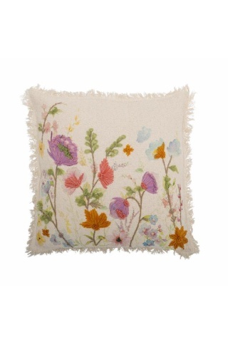 Pernă decorativa din bumbac cu broderie cu motive florale si franjuri, "Pogni"