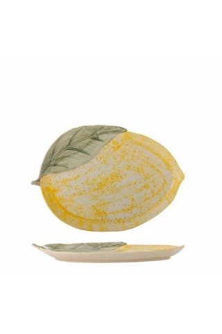 Platou de servire din ceramică în formă de lămâie, galben cu nuanțe reactive, 32×22,5×3 cm, "Hadden"