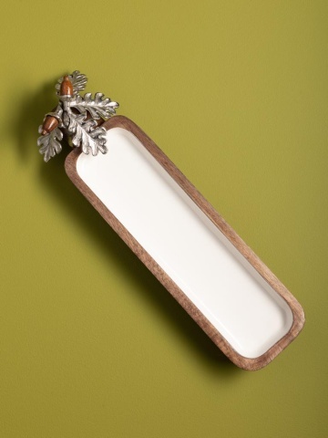 Platou decorativ dreptunghiular din lemn de mango maro, suprafață albă, frunze de stejar din aluminiu argintiu și ghinde din lemn, finisaj natural, 2 x 38 x 10 cm, „Silva” - Img 3