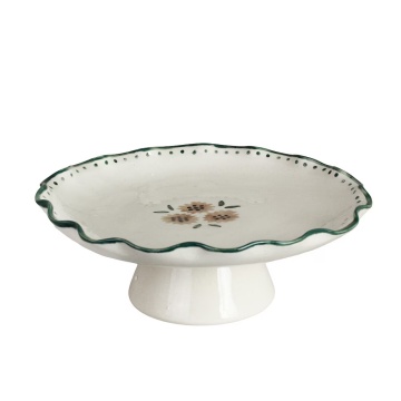 Platou pe picior din ceramică pictată manual, Ø 25 x H 9 cm, alb, „Melina"