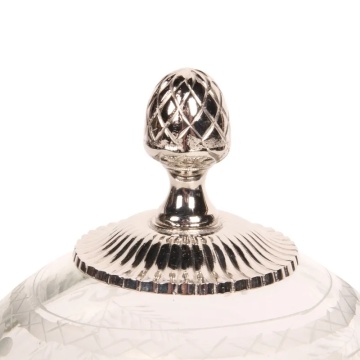 Platou pentru tort din alamă, argintiu, cu cupolă din sticlă gravată lucrată manual, pe picioare, aspect vintage, finisaj nichelat, 19 x 23 cm, „Chantilly” - Img 4