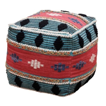 Puf etnic cubic din bumbac, multicolor, cu bucle și romburi în relief, 50 x 50 x 50 cm, „Mariachi”