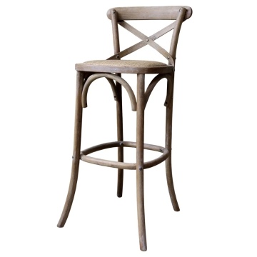 Scaun de bar din lemn de mango și ratan, natur, cu spătar în X și suport inelar pentru picioare, 103 x 51 x 44 cm, „Old French”
