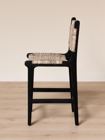 Scaun de bar împletit cu spătar din lemn de acacia și lână, negru, cu traverse pe două niveluri, 100,5 x 45 x 51,5 cm, „Ovira” - Img 6