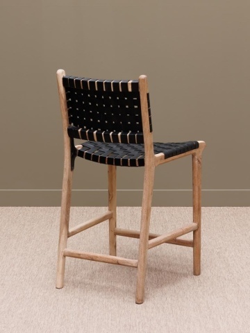 Scaun de bar împletit pentru insulă din piele naturală și lemn de acacia, negru, cu spătar și suport pentru picioare, 97 x 50 x 53 cm, „Mixing” - Img 5