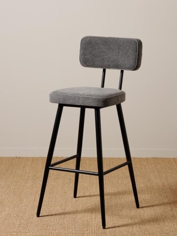 Scaun de bar tapițat din bumbac gri și fier negru, cu spătar dreptunghiular și suport pentru picioare, aspect stonewashed, 105 x 48 x 48 cm, „Fairfax” - Img 2