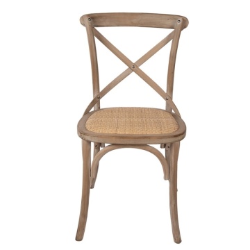 Scaun dining din lemn masiv și răchită, maro, cu spătar în X prins în șuruburi și șezut împletit, finisaj natur, 88 x 42 x 44 cm, „Odile”