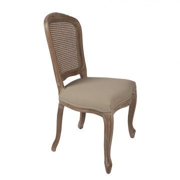 Scaun dining tapițat shabby chic din lemn, ratan și stofă, bej, cu spătar cannage și picioare cambrate sculptate, 95 x 52 x 49 cm, „Fleurette” - Img 2