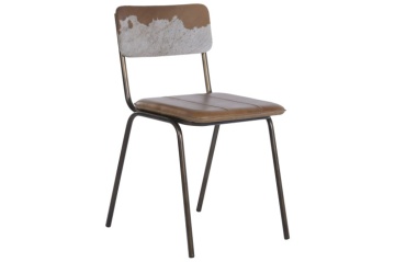 Scaun dining vintage din piele maro și metal, spătar din piele de vacă, 46 x 52 x 78 cm, „Dakota"