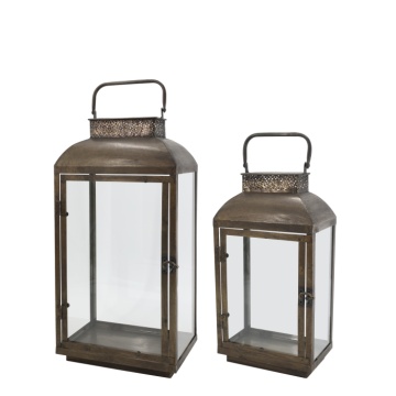 Set 2 felinare decorative vintage din alamă antichizată și sticlă, cu decor dantelat, 55x26x17,5 cm, „Forge"
