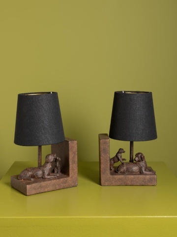 Set 2 lămpi de masă din bumbac negru, cu structură din rășină maro în formă de câine, finisaj patinat, 28×31×13 cm, „Compagnon" - Img 6