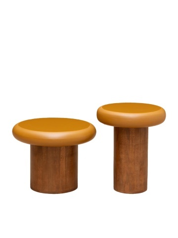 Set 2 măsuțe laterale din lemn de mango și metal, muștar, cu blat rotund și picior cilindric, finisaj lucios, 41×49 cm, „Humus" - Img 1