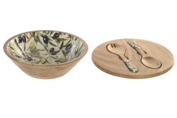 Set 3 boluri salată Mediterranean verde cu accente naturale din lemn de mango cu structură din rășină – "Olivia" - Img 4