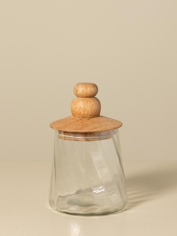 Set 3 borcane din sticlă canelată cu capac din lemn de mango cu mâner sculptat, natur, 12 × 24 cm, „Twisted" - Img 4