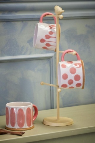Set 3 căni natur din ceramică artizanală pictată manual cu motive geometrice în roz, 450 ml, 11×8,5 cm, "Linora" - Img 2