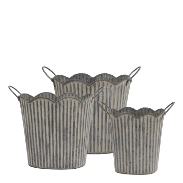 Set 3 jardiniere din zinc antichizat cu striații și mânere