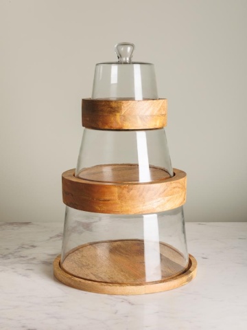 Set 3 tavi rotunde din lemn, cu capac din sticla, Stackable - Img 2