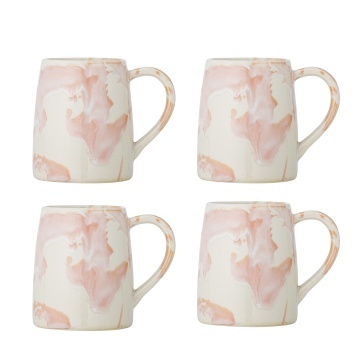 Set 4 căni din ceramică artizanală, cu decor marmorat bej și roz, finisaj lucios, „Winnie", 9 x 10 cm