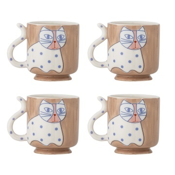 Set 4 căni din ceramică artizanală, multicolor, pictate manual cu pisici și buline, 8,5x9 cm, 325 ml, „Missy"