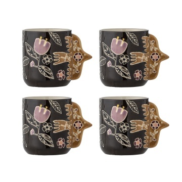 Set 4 cești din ceramică artizanală, multicolor, pictate manual cu motive florale, cu toartă sculptată în formă de pasăre, 8,5x9,5 cm, „Vivielle"